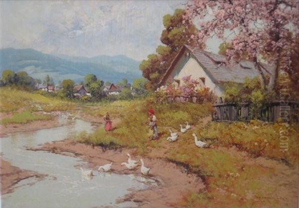 Geese Tenders Oil Painting by Antal Neogrady