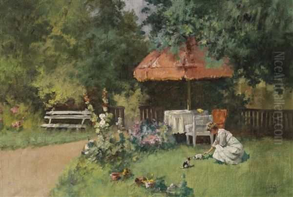 Sommergartenidylle Mit Katzchen Oil Painting by Antal Neogrady