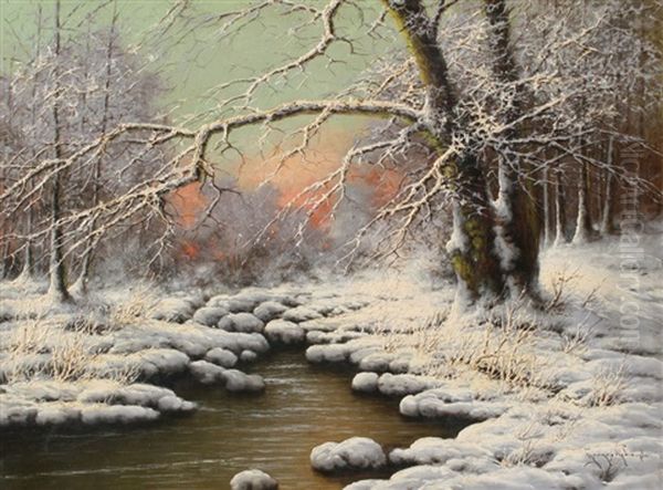 Peaceful Snow-covered Landscape With Stream Oil Painting by Antal Neogrady
