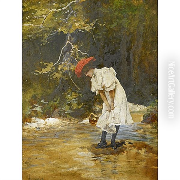 Girl In A Hat By A Brook Oil Painting by Antal Neogrady