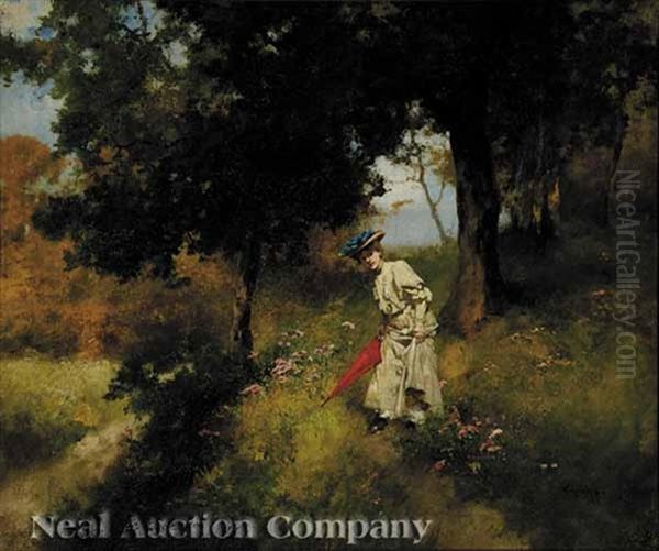 Woman With A Red Umbrella Oil Painting by Antal Neogrady