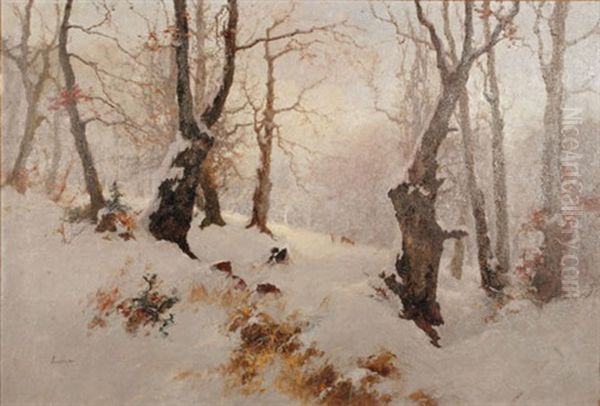 Verschneite Waldlandschaft Mit Rehen Oil Painting by Antal Neogrady