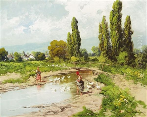 Goose Girls Of The Tyrol Oil Painting by Antal Neogrady