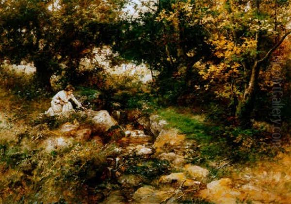 Viragot Szedo Lanyok Patakparton (girls, Picking Flowers By The Brook) Oil Painting by Antal Neogrady