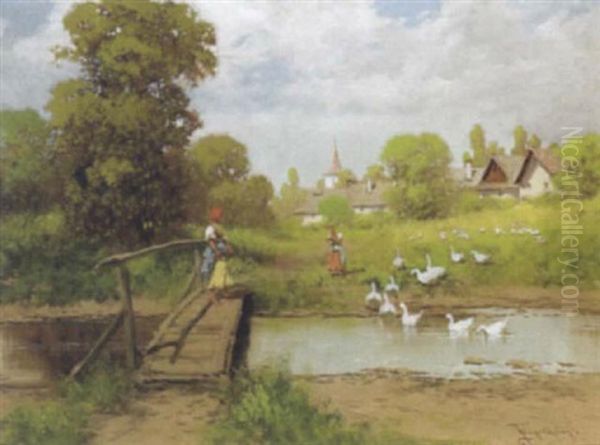 Die Gansehirtin Oil Painting by Antal Neogrady