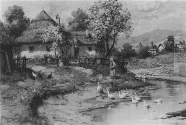 Farmyard Oil Painting by Antal Neogrady