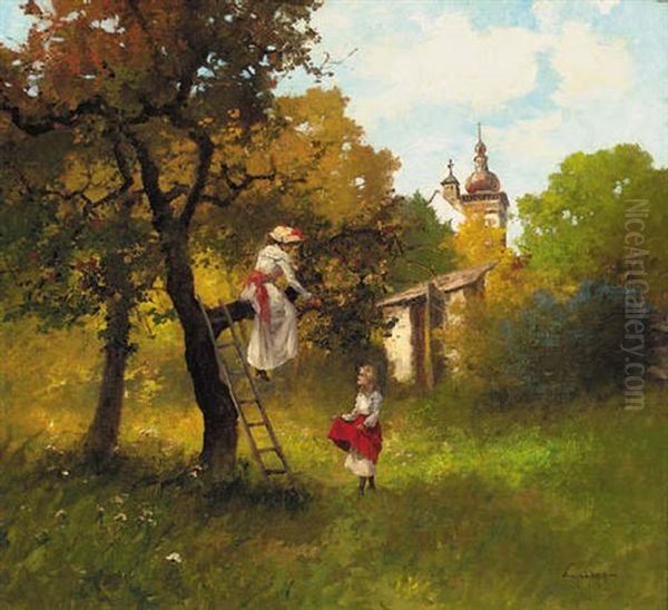 Picking Apples Oil Painting by Antal Neogrady