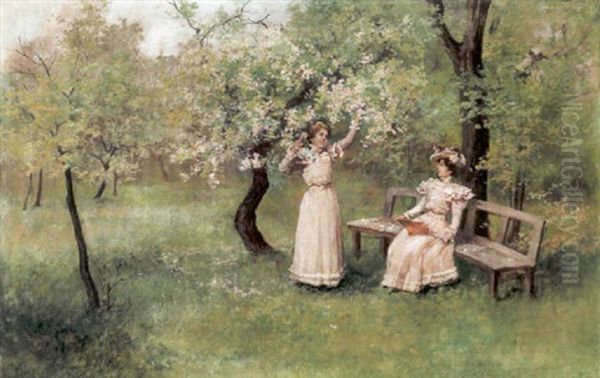 Die Bank Unter Bluhenden Baumen Oil Painting by Antal Neogrady