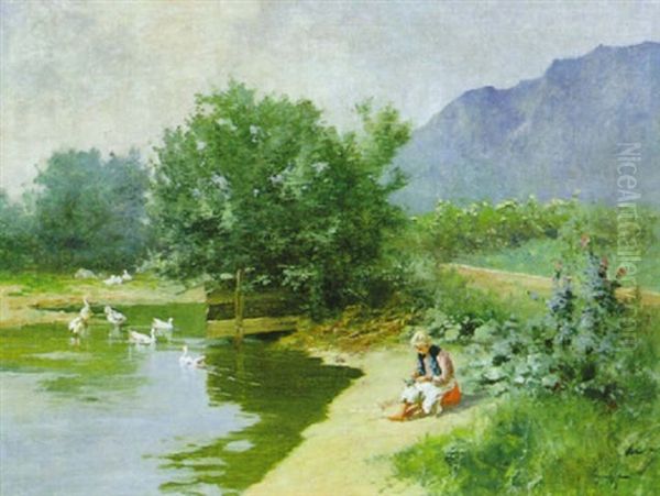 Am Flusufer Oil Painting by Antal Neogrady