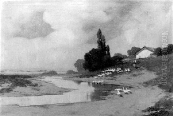 Bauernmadchen Mit Ganseschar Am Fluss Oil Painting by Antal Neogrady