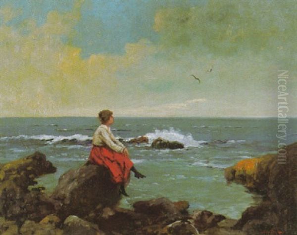 Madchen An Felsiger Kuste, Sinnend Auf Das Meer Blickend Oil Painting by Antal Neogrady
