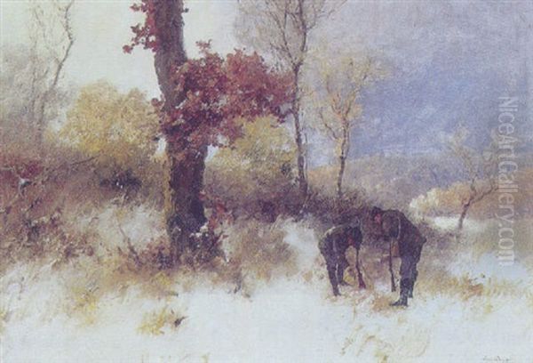 To Jaegere I En Vinterklaedt Skov Oil Painting by Antal Neogrady