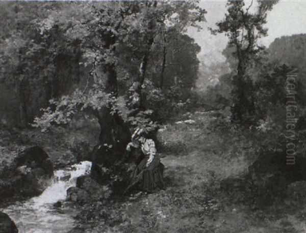 Junge Frau Am Waldbach Oil Painting by Antal Neogrady