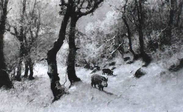 Wildschweine Im Winterwald Oil Painting by Antal Neogrady
