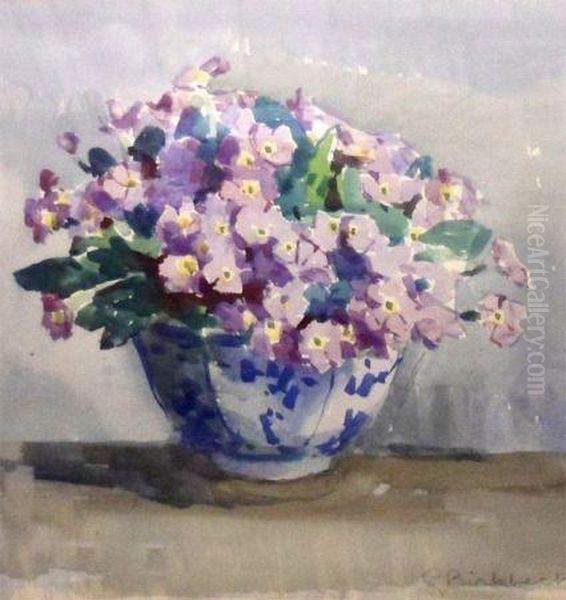 Primula In A Blue And White Bowl Oil Painting by Geoffrey Birkbeck
