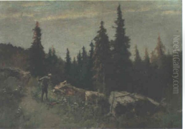 A Huntsman In A Wooded Landscape Oil Painting by Antal Neogrady