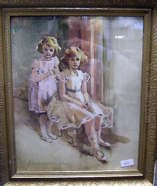 Portraitof Two Sisters Oil Painting by Geoffrey Birkbeck
