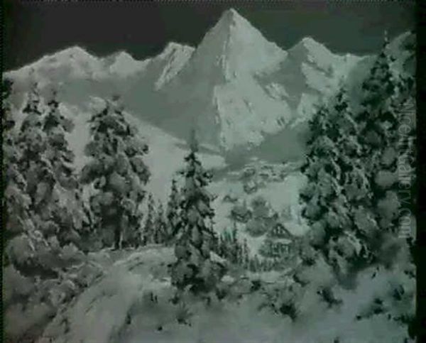 Alpine Village In Moonlight Oil Painting by Antal Neogrady