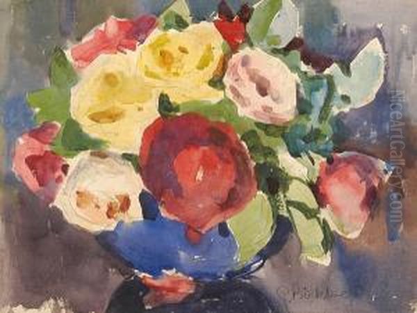 Still Life Of Roses In A Blue Vase Oil Painting by Geoffrey Birkbeck
