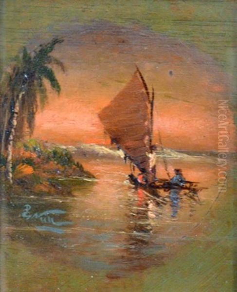 Untitled (samoan Sailboat At Sunset) Oil Painting by Girolamo Pieri B. Nerli