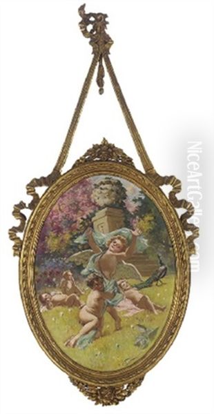 Cherubs In A Summer Garden Oil Painting by Girolamo Pieri B. Nerli