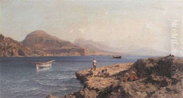 Fishermen On A Rocky Island Off Capri Oil Painting by Friedrich Nerly the Younger