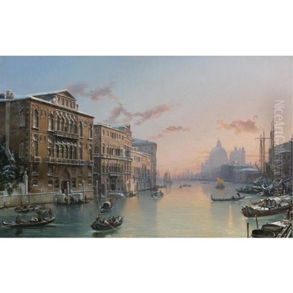 A Winter View Of The Grand Canal, Venice (from The Palazzo Cavalli-franchetti Towards Santa Maria Della Salute) Oil Painting by Friedrich Nerly