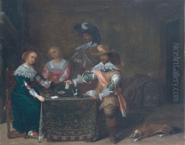 Elegant Kaartend Gezelschap Oil Painting by Laurentius de Neter