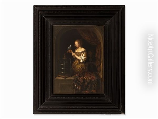 Lady And Parrot Oil Painting by Caspar Netscher