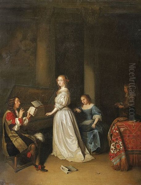 Musizierende Gesellschaft Im Salon Oil Painting by Caspar Netscher