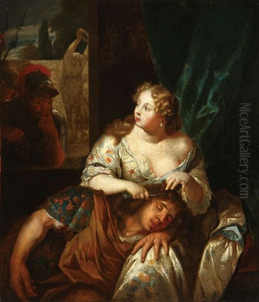 Samson And Delilah Oil Painting by Caspar Netscher