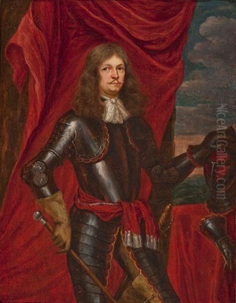 Portrait Of A Distinguished Gentleman In Armor With A Lace Jabot, Staff And Sword (+ Portrait Of An Elegant Lady; Pair) Oil Painting by Caspar Netscher