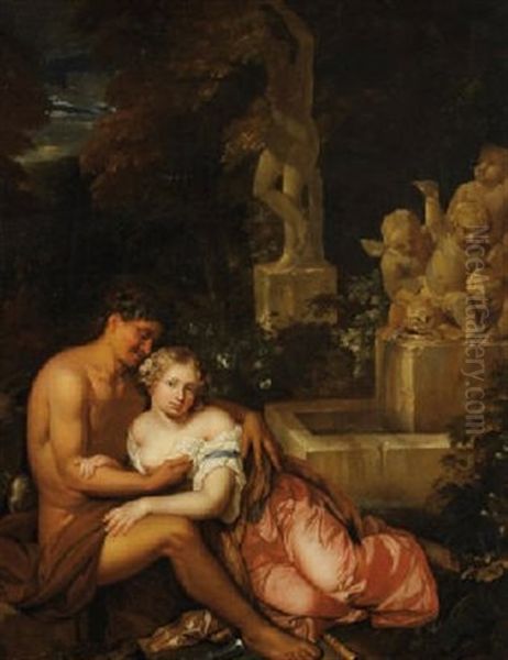 Couple De Bergers Pres D'une Fontaine Oil Painting by Caspar Netscher