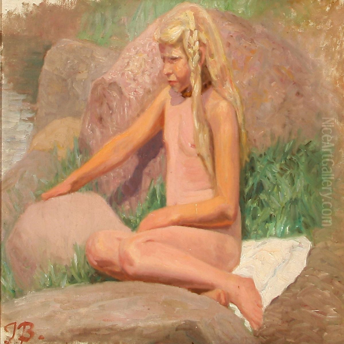Naked Girl On A Beach Oil Painting by Jens Birkholm