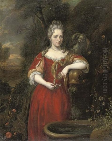 Portrait Of A Lady In A Red Dress And Gold Coloured Chemise And Wrap, Holding Flowers In Her Right Hand, Standing By A Fountain In A Garden Oil Painting by Caspar Netscher