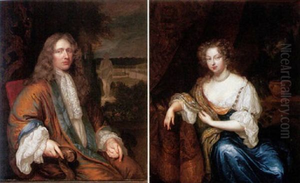 Portrait Of A Gentleman Wearing An Ochre, Blue Lined Cloak, With A View Of Formal Gardens Beyond Oil Painting by Caspar Netscher