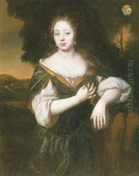 Portrait Of A Young Lady Of The Grefarth Family, Three-quarter Length, Standing In A Landscape Oil Painting by Caspar Netscher