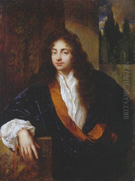 Portrait Of A Gentleman, Standing On A Balcony, His Right Arm Leaning On A Sculpted Pedestal, A Classical Garden Beyond Oil Painting by Caspar Netscher