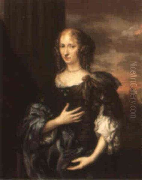 Portrait Of A Lady With An Evening Landscape Beyond Oil Painting by Caspar Netscher