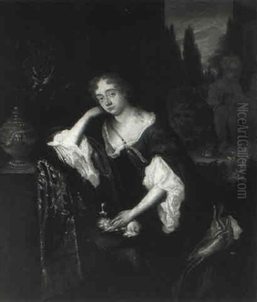 Portrait Of A Lady With A Spaniel In Her Lap Oil Painting by Caspar Netscher