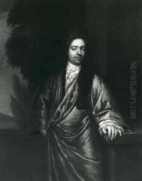 Portrait Of A Gentleman, Small Three-quarter Length In A    Gold Gown With A Lace Jabot, By A Plynth Oil Painting by Caspar Netscher