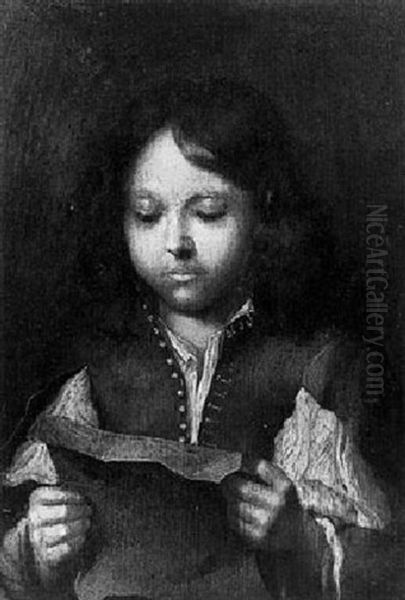 A Young Boy, Half Length, Reading From A Sheet Of Paper Oil Painting by Caspar Netscher