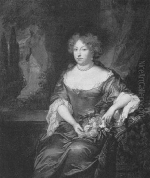 Portrait Of A Lady, Seated Small Three-quarter Length,      Wearing A Grey Satin Dress Oil Painting by Caspar Netscher