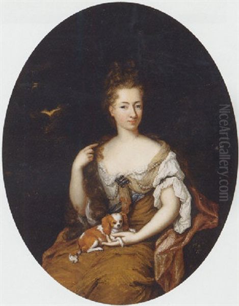 Portrait Of A Noblewoman Seated In A Landscape, Wearing A Blue Lined, Ochre Silk Dress With Lace Chemise, Holding A Pet Dog On Her Lap Oil Painting by Constantyn Netscher