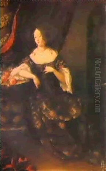 Portrait Of A Lady, Seated Small Full Length, Wearing A     Brown Dress Embroidered With Gold Trim, ... Oil Painting by Constantyn Netscher