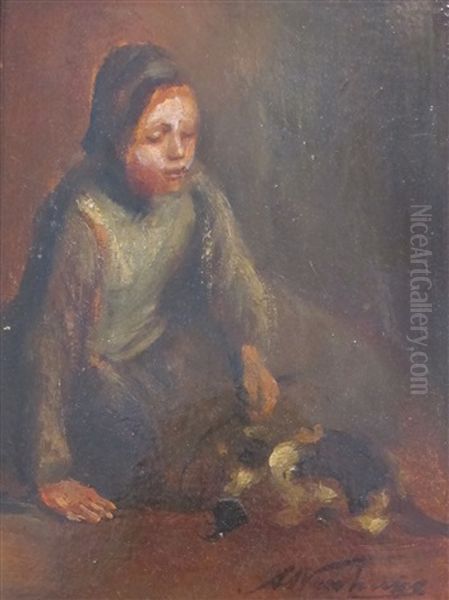 Jeune Fille Au Chaton Oil Painting by Albert Johan (Jan) Neuhuys