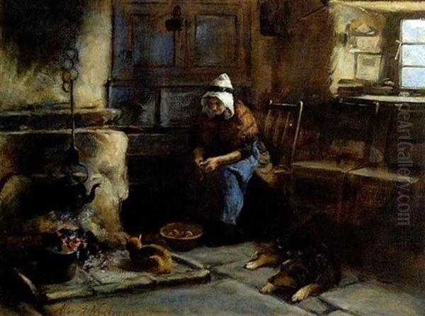 Hollandische Bauerin Beim Kartoffelschalen An Der Esse Oil Painting by Albert Johan (Jan) Neuhuys