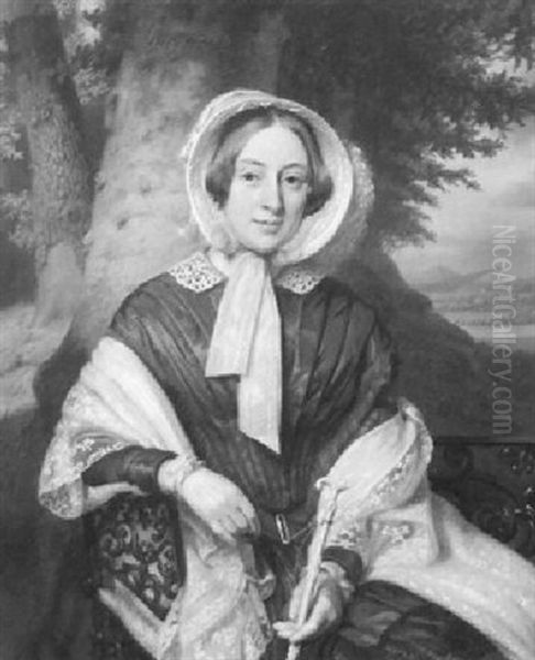 A Portrait Of A Young Lady Resting On A Cast-iron Bench In A Wooded Landscape Oil Painting by Johan Heinrich Neuman