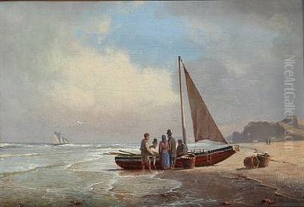 Coastal Scene With A Fishing Boat On The Beach Oil Painting by Carl Johann Neumann