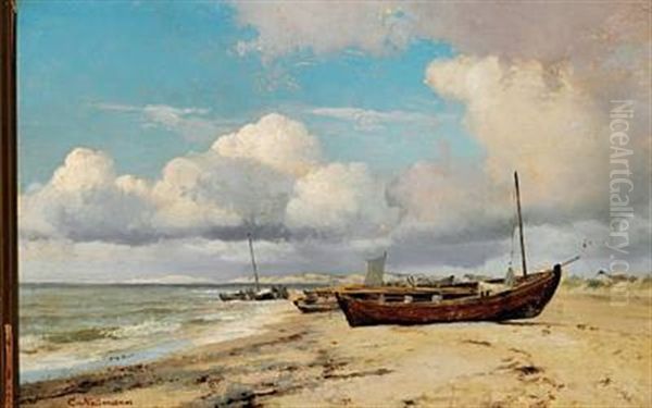 Boats On The Beach, Skagen Oil Painting by Carl Johann Neumann